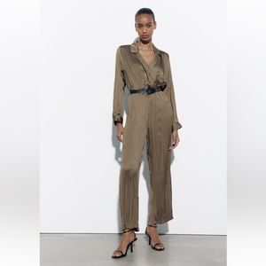 Zara SATIN EFFECT JUMPSUIT WITH BELT SZ L Olive green ish gold